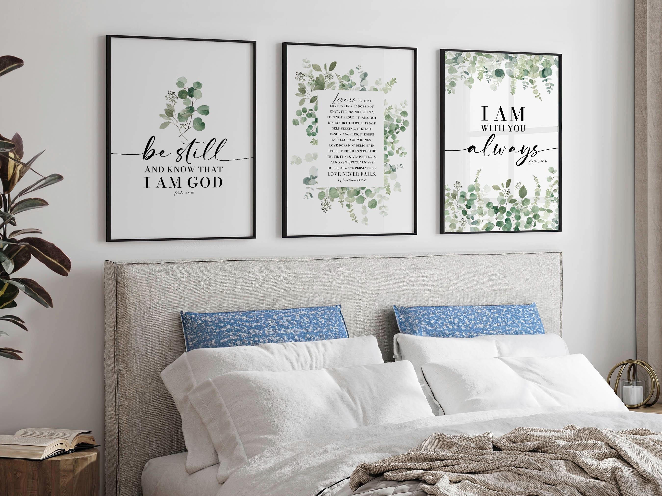 Christian Bible Verse Wall Art Set of 3, Be Still and Know That I Am God Prints, Scripture Poster Set, Botanical Faith Home Decor, Christian Gift